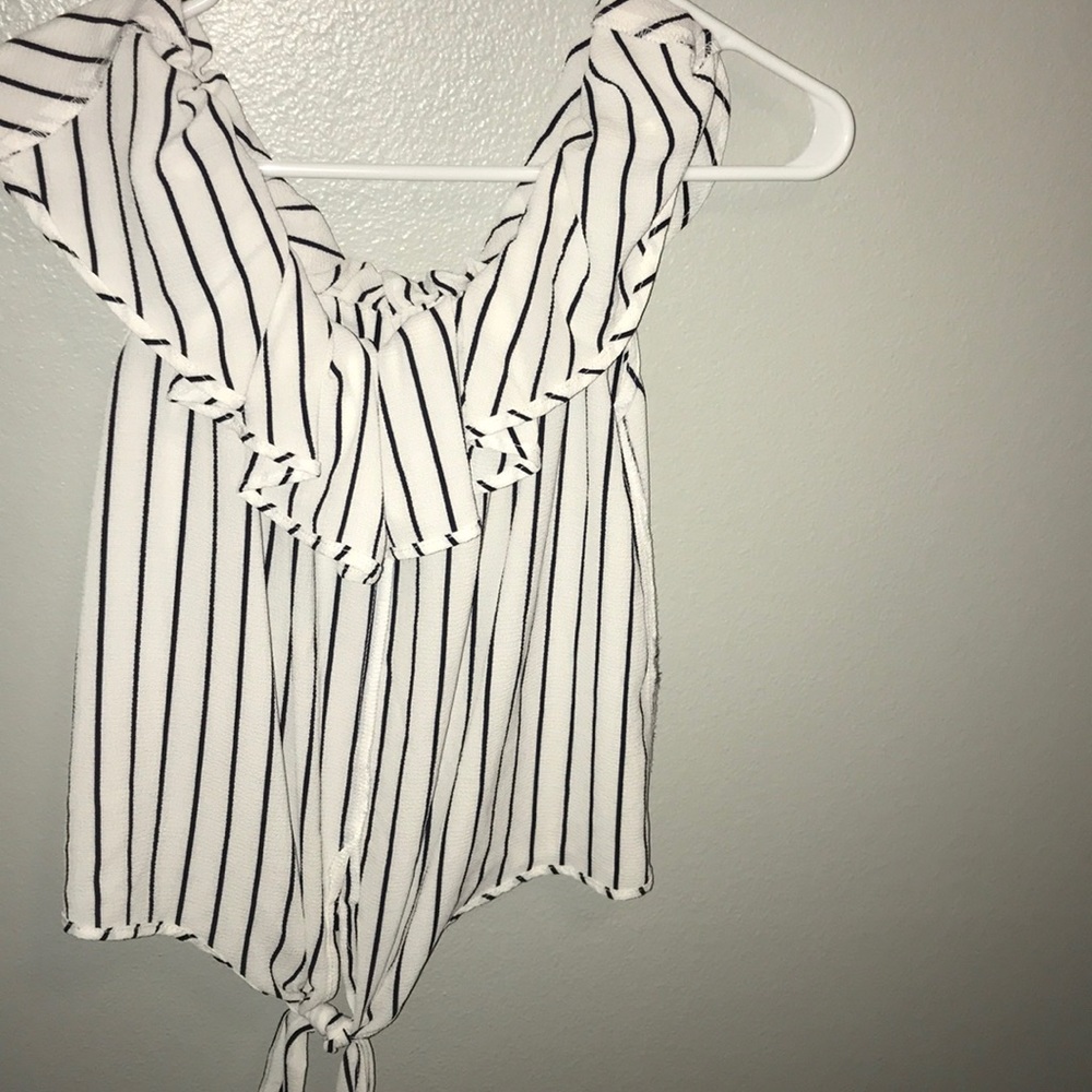 Off the should black and white striped shirt